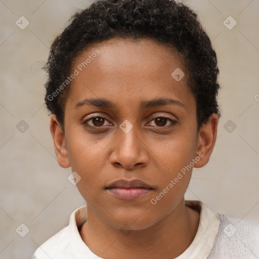 Neutral black young-adult female with short  brown hair and brown eyes