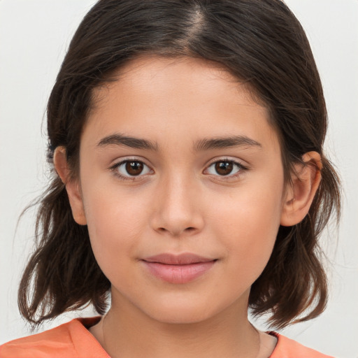 Joyful white child female with medium  brown hair and brown eyes