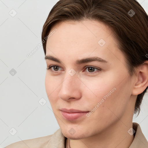 Neutral white young-adult female with short  brown hair and brown eyes