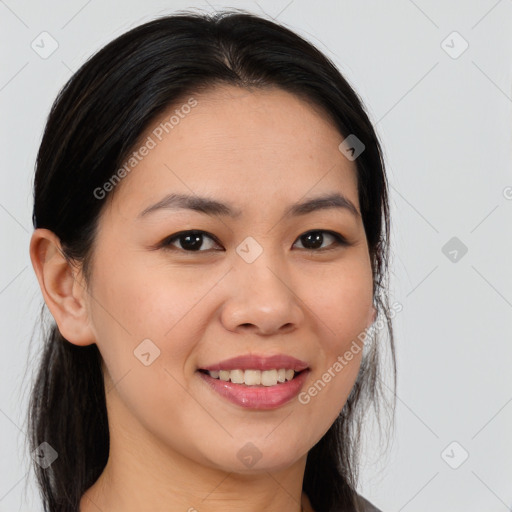 Joyful white young-adult female with long  brown hair and brown eyes