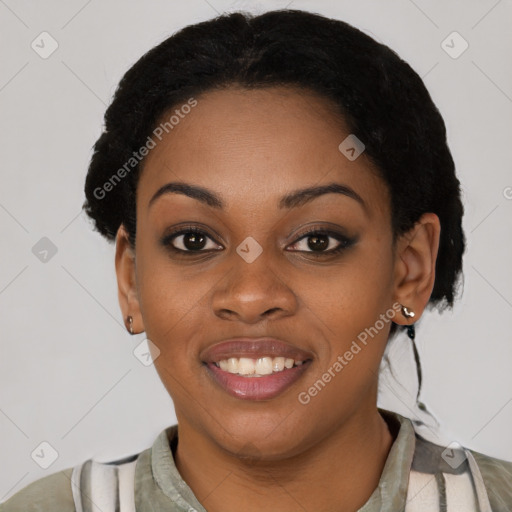 Joyful latino young-adult female with short  black hair and brown eyes