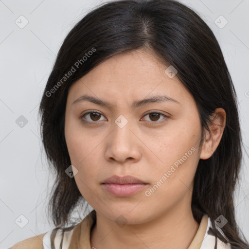 Neutral asian young-adult female with medium  brown hair and brown eyes