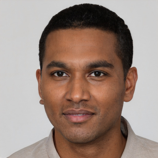 Neutral black young-adult male with short  black hair and brown eyes