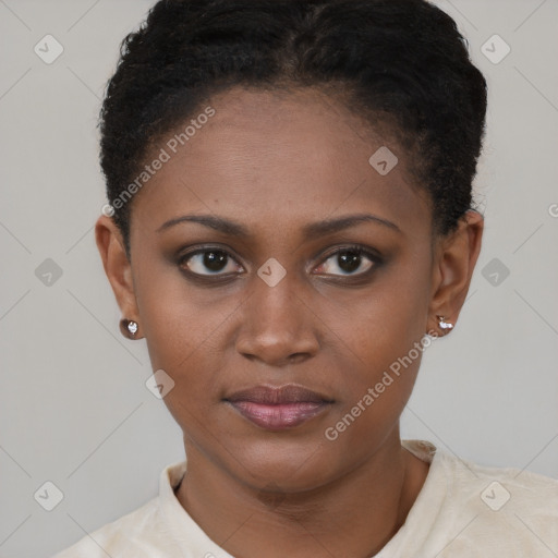 Joyful black young-adult female with short  brown hair and brown eyes