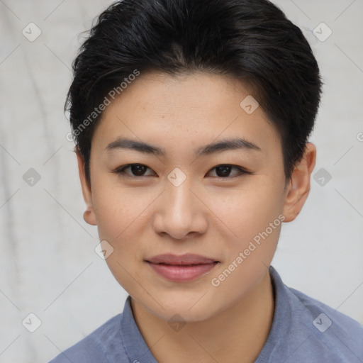 Joyful asian young-adult female with short  brown hair and brown eyes
