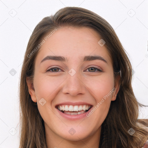 Joyful white young-adult female with long  brown hair and grey eyes