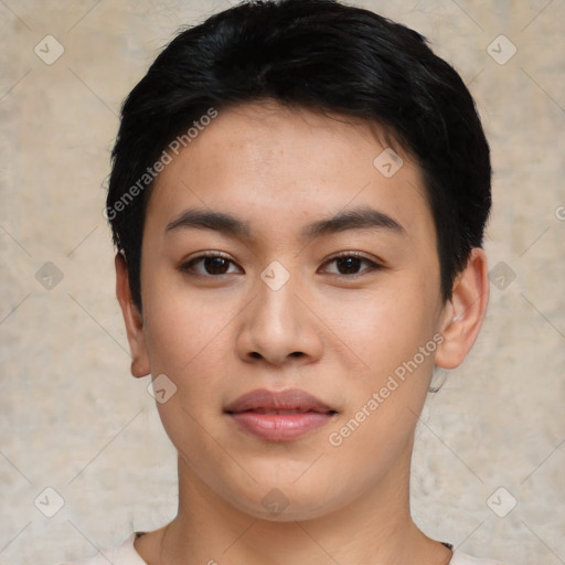 Neutral asian young-adult female with short  black hair and brown eyes