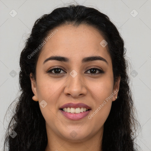 Joyful latino young-adult female with long  brown hair and brown eyes