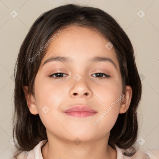 Joyful white child female with medium  brown hair and brown eyes