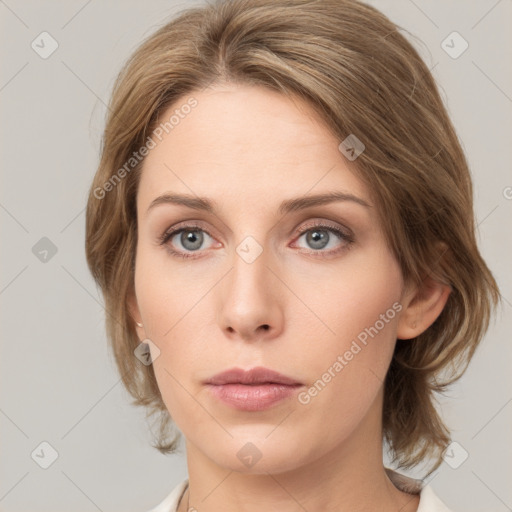 Neutral white young-adult female with medium  brown hair and grey eyes