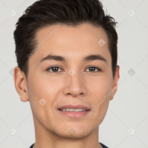 Joyful white young-adult male with short  brown hair and brown eyes