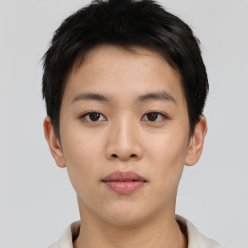 Neutral asian young-adult female with short  black hair and brown eyes