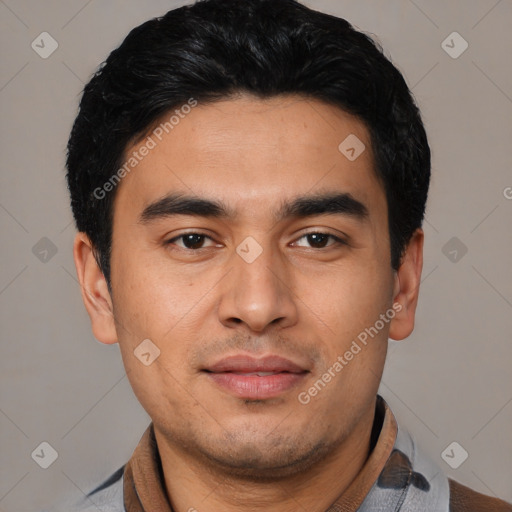 Neutral asian young-adult male with short  black hair and brown eyes