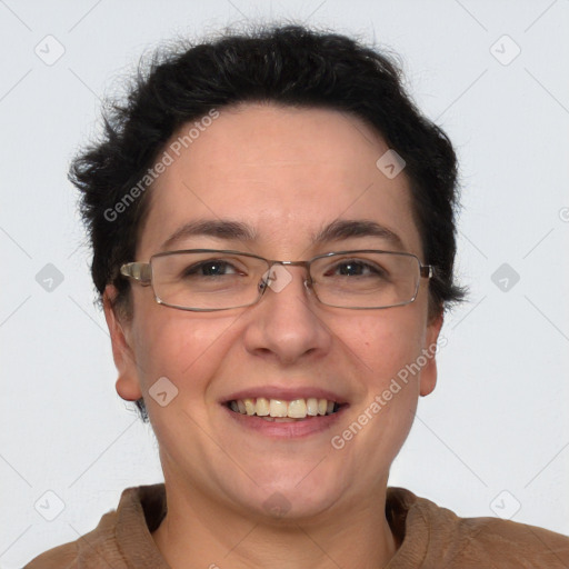 Joyful white adult female with short  brown hair and brown eyes