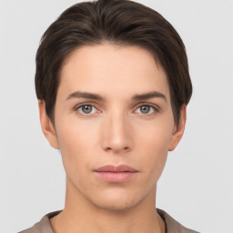 Neutral white young-adult female with short  brown hair and brown eyes