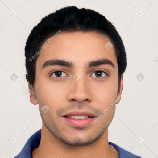 Neutral latino young-adult male with short  black hair and brown eyes