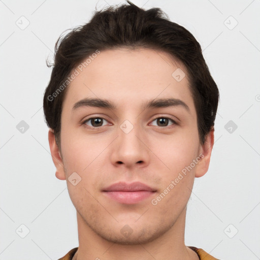 Neutral white young-adult male with short  brown hair and brown eyes