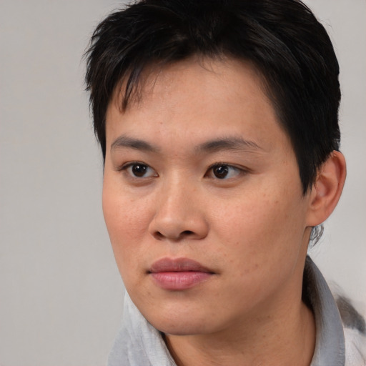 Neutral asian young-adult female with short  black hair and brown eyes