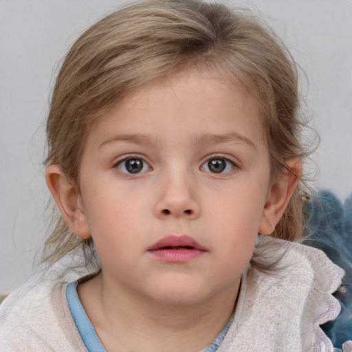 Neutral white child female with medium  brown hair and blue eyes