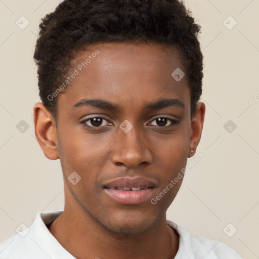 Joyful black young-adult male with short  brown hair and brown eyes