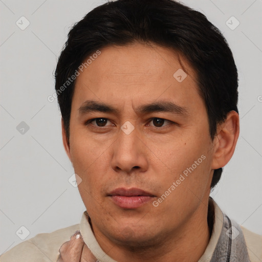 Neutral asian young-adult male with short  brown hair and brown eyes