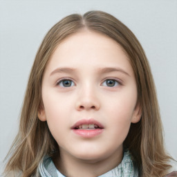 Neutral white child female with medium  brown hair and grey eyes