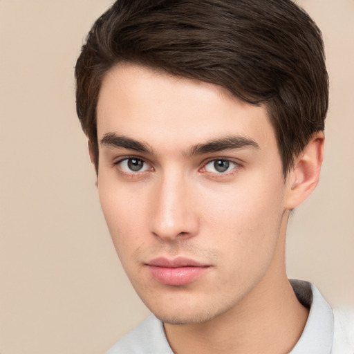 Neutral white young-adult male with short  brown hair and brown eyes