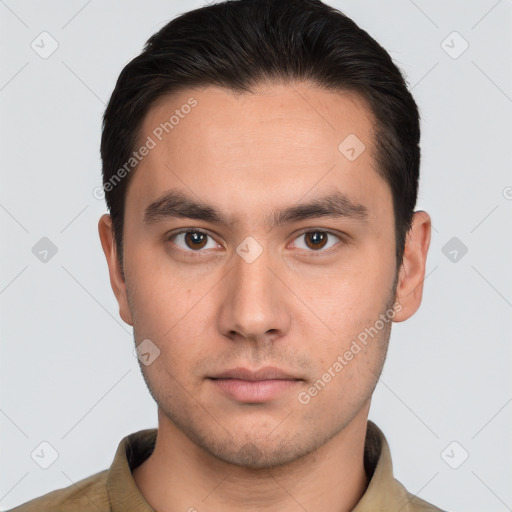 Neutral white young-adult male with short  brown hair and brown eyes