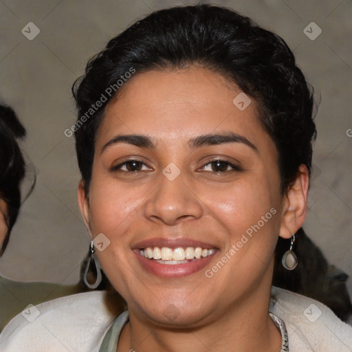 Joyful latino young-adult female with short  brown hair and brown eyes