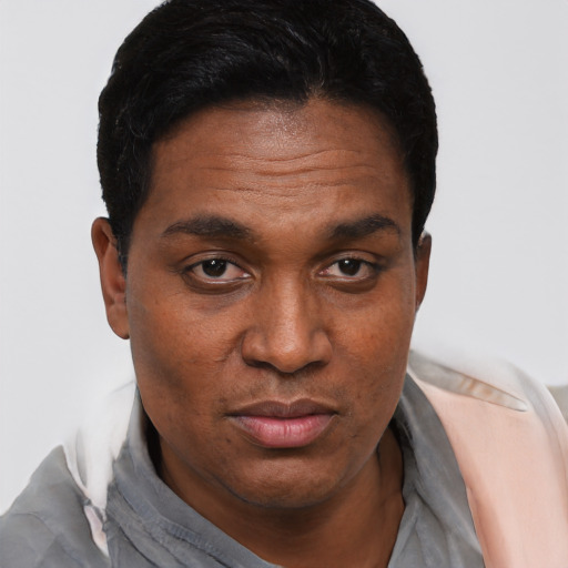 Joyful white adult male with short  black hair and brown eyes