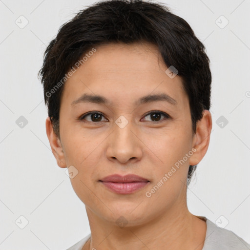 Joyful asian young-adult female with short  brown hair and brown eyes