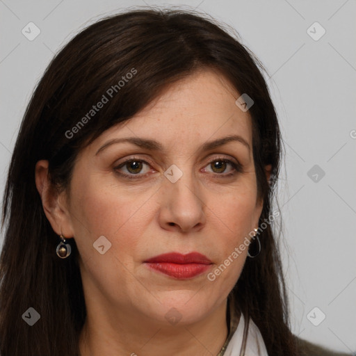 Joyful white adult female with medium  brown hair and grey eyes