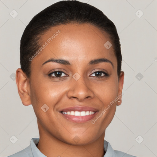 Joyful white young-adult female with short  brown hair and brown eyes