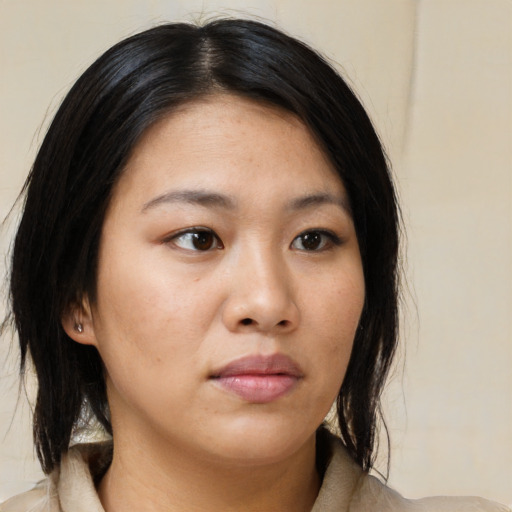 Neutral asian young-adult female with medium  brown hair and brown eyes