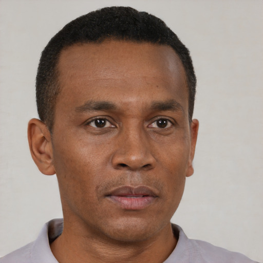Neutral black adult male with short  brown hair and brown eyes