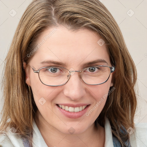 Joyful white young-adult female with medium  brown hair and blue eyes