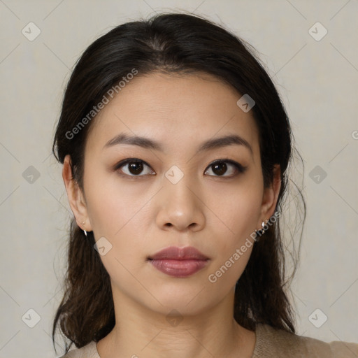 Neutral asian young-adult female with medium  brown hair and brown eyes