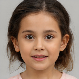 Joyful white child female with medium  brown hair and brown eyes