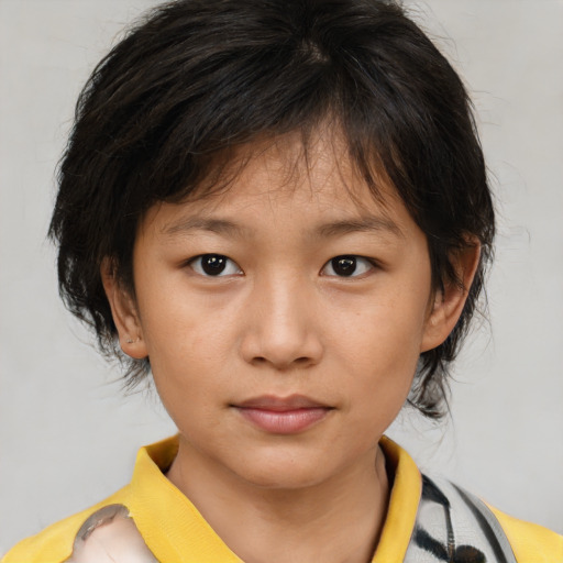 Joyful white child female with medium  brown hair and brown eyes