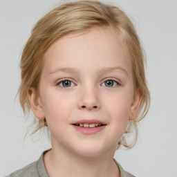 Joyful white child female with medium  brown hair and blue eyes