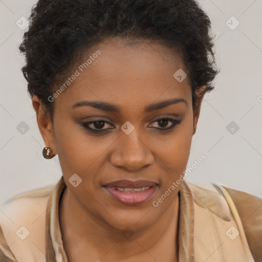 Joyful black young-adult female with long  brown hair and brown eyes