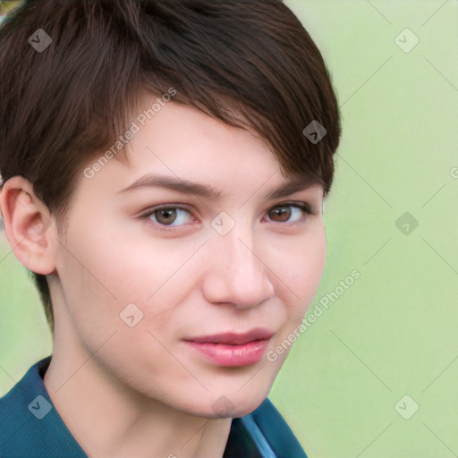 Neutral white young-adult female with short  brown hair and brown eyes