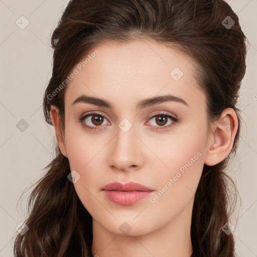 Neutral white young-adult female with long  brown hair and brown eyes