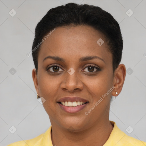 Joyful latino young-adult female with short  brown hair and brown eyes