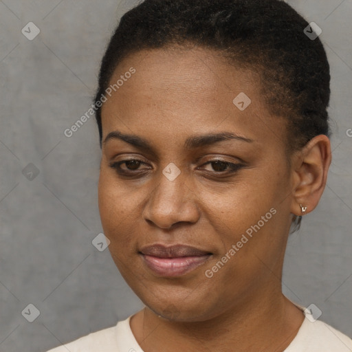 Joyful black young-adult female with short  brown hair and brown eyes