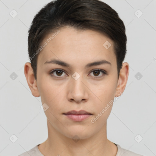 Neutral white young-adult female with short  brown hair and brown eyes