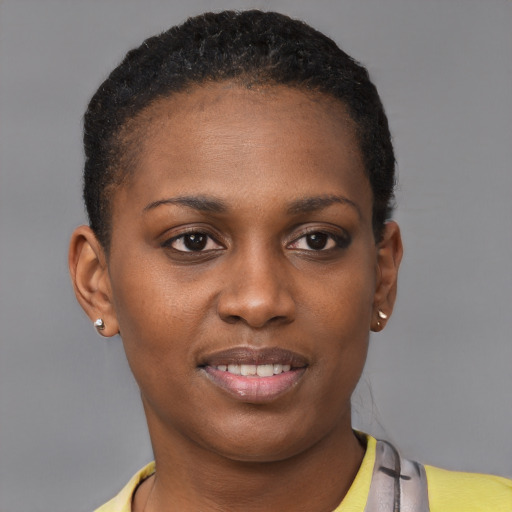 Joyful black young-adult female with short  black hair and brown eyes