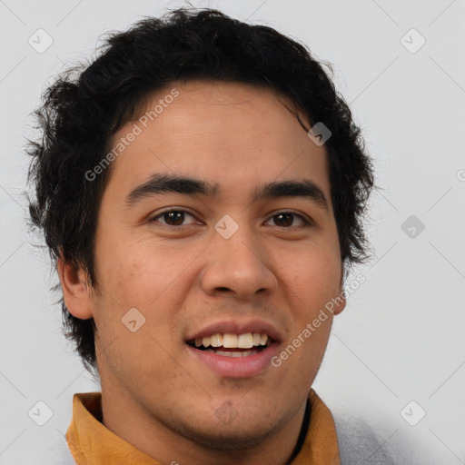 Joyful latino young-adult male with short  brown hair and brown eyes