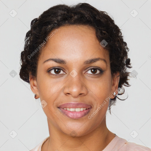 Joyful black young-adult female with short  brown hair and brown eyes