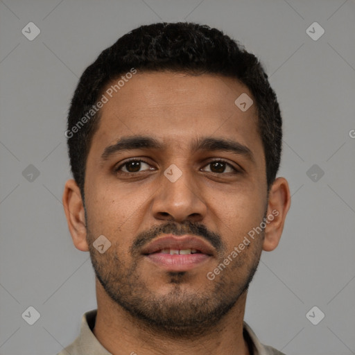 Neutral latino young-adult male with short  brown hair and brown eyes